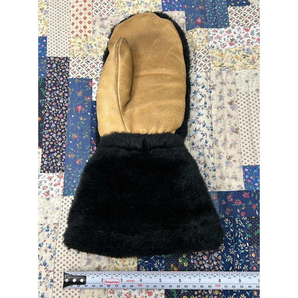 Vintage Uber Black & Brown Faux Fur Real Leather Palm Chopper-style mittens - Picture 6 of 7